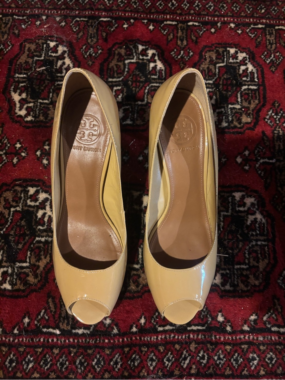 Tory Burch iced mocha Patent Leather Peep-Toe Heels